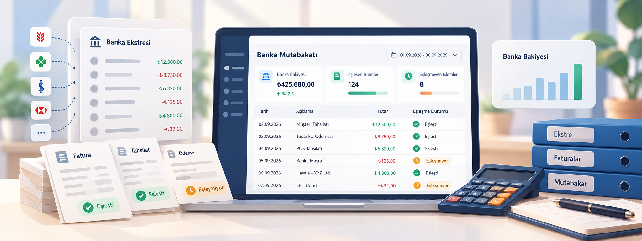 Banka hareketleri, faturalar, ödemeler ve finansal kayıtların karşılaştırılmasını simgeleyen banka mutabakatı illüstrasyonu